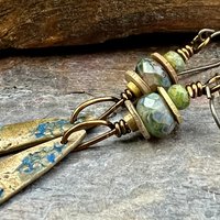 Bronze Dangle, Teardrop Earrings, Coral Fossil Texture, Czech Glass Beads, Bronze and Blue, Hypoallergenic Niobium Ear Wires, Earthy Arty