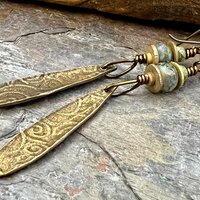 Bronze Dangle, Teardrop Earrings, Coral Fossil Texture, Czech Glass Beads, Bronze and Blue, Hypoallergenic Niobium Ear Wires, Earthy Arty