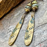 Bronze Dangle, Teardrop Earrings, Coral Fossil Texture, Czech Glass Beads, Bronze and Blue, Hypoallergenic Niobium Ear Wires, Earthy Arty