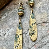 Bronze Dangle, Teardrop Earrings, Coral Fossil Texture, Czech Glass Beads, Bronze and Blue, Hypoallergenic Niobium Ear Wires, Earthy Arty