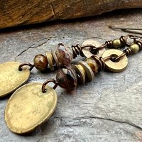 Bronze Disc Dangle Earrings, Stacked Cairns, Czech Glass, Hypoallergenic Ear Wires, Earthy Primitive, Arty Mismatched Earrings, Handmade