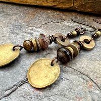 Bronze Disc Dangle Earrings, Stacked Cairns, Czech Glass, Hypoallergenic Ear Wires, Earthy Primitive, Arty Mismatched Earrings, Handmade