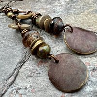 Bronze Disc Dangle Earrings, Stacked Cairns, Czech Glass, Hypoallergenic Ear Wires, Earthy Primitive, Arty Mismatched Earrings, Handmade