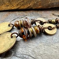 Bronze Disc Dangle Earrings, Stacked Cairns, Czech Glass, Hypoallergenic Ear Wires, Earthy Primitive, Arty Mismatched Earrings, Handmade