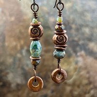Stacked Cairn Earrings, Copper Hoops, Czech Glass Beads, Hypoallergenic Ear Wires, Earthy Primitive, Arty Mismatched Earrings, Copper & Aqua