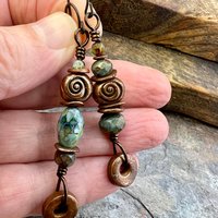 Stacked Cairn Earrings, Copper Hoops, Czech Glass Beads, Hypoallergenic Ear Wires, Earthy Primitive, Arty Mismatched Earrings, Copper & Aqua