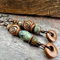 Stacked Cairn Earrings, Copper Hoops, Czech Glass Beads, Hypoallergenic Ear Wires, Earthy Primitive, Arty Mismatched Earrings, Copper & Aqua
