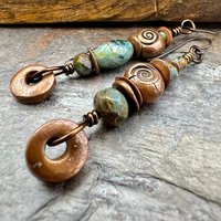 Stacked Cairn Earrings, Copper Hoops, Czech Glass Beads, Hypoallergenic Ear Wires, Earthy Primitive, Arty Mismatched Earrings, Copper & Aqua