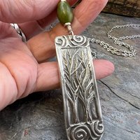 Two Trees Pendant, Sterling Silver, Connemara Marble, Long Skinny Tree Necklace, Intertwined Trees, Irish Celtic Spirals, Tree Branches