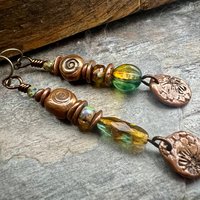 Stacked Cairn Earrings, Copper Spirals, Coral Fossil Texture, Czech Glass Beads, Hypoallergenic Ear Wires, Earthy Primitive, Arty Mismatched