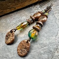 Stacked Cairn Earrings, Copper Spirals, Coral Fossil Texture, Czech Glass Beads, Hypoallergenic Ear Wires, Earthy Primitive, Arty Mismatched