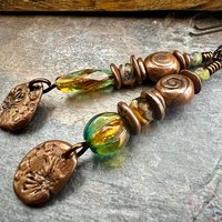 Stacked Cairn Earrings, Copper Spirals, Coral Fossil Texture, Czech Glass Beads, Hypoallergenic Ear Wires, Earthy Primitive, Arty Mismatched