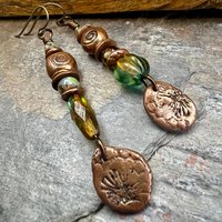 Stacked Cairn Earrings, Copper Spirals, Coral Fossil Texture, Czech Glass Beads, Hypoallergenic Ear Wires, Earthy Primitive, Arty Mismatched