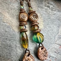 Stacked Cairn Earrings, Copper Spirals, Coral Fossil Texture, Czech Glass Beads, Hypoallergenic Ear Wires, Earthy Primitive, Arty Mismatched