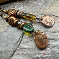 Stacked Cairn Earrings, Copper Spirals, Coral Fossil Texture, Czech Glass Beads, Hypoallergenic Ear Wires, Earthy Primitive, Arty Mismatched