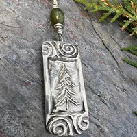 Pine Tree Pendant, Sterling Silver, Connemara Marble, Evergreen Necklace, Pine Cedar Fir, Irish Celtic Spirals, Tree Branches, Handmade Art