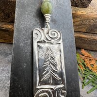 Pine Tree Pendant, Sterling Silver, Connemara Marble, Evergreen Necklace, Pine Cedar Fir, Irish Celtic Spirals, Tree Branches, Handmade Art