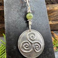 Sterling Silver Triskele Pendant, Triskelion Triple Spiral, Connemara Marble, Irish Celtic Jewelry, Pagan Art, Leather & Vegan Cords, Chains