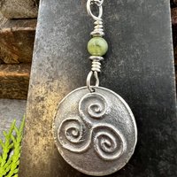 Sterling Silver Triskele Pendant, Triskelion Triple Spiral, Connemara Marble, Irish Celtic Jewelry, Pagan Art, Leather & Vegan Cords, Chains