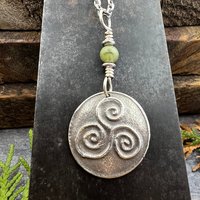 Sterling Silver Triskele Pendant, Triskelion Triple Spiral, Connemara Marble, Irish Celtic Jewelry, Pagan Art, Leather & Vegan Cords, Chains