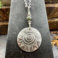 Celtic Sun Spiral, Sterling Silver Charm, Connemara Marble, Irish Celtic Jewelry, Domed Sun Necklace, Leather & Vegan Cords, Handmade Art