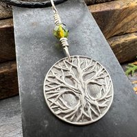 Celtic Tree of Life Pendant, Sterling Silver, Green Czech Glass, Sacred Celtic Tree, Irish Celtic Spirals, Druid Dryad, Crann Bethadh, Witch