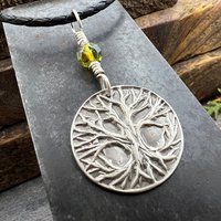 Celtic Tree of Life Pendant, Sterling Silver, Green Czech Glass, Sacred Celtic Tree, Irish Celtic Spirals, Druid Dryad, Crann Bethadh, Witch