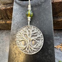 Celtic Tree of Life Pendant, Sterling Silver, Green Czech Glass, Sacred Celtic Tree, Irish Celtic Spirals, Druid Dryad, Crann Bethadh, Witch