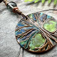 Tree of Life Pendant, Colorful Patina, Czech Glass Bead, Hand Carved, Irish Celtic Spirals, Celtic Witch Goddess, Ancient Earthy Jewelry