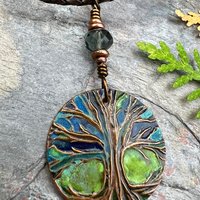 Tree of Life Pendant, Colorful Patina, Czech Glass Bead, Hand Carved, Irish Celtic Spirals, Celtic Witch Goddess, Ancient Earthy Jewelry