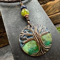 Tree of Life Pendant, Colorful Patina, Czech Glass Bead, Hand Carved, Irish Celtic Spirals, Celtic Witch Goddess, Ancient Earthy Jewelry