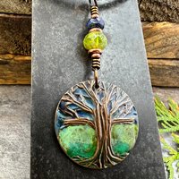 Tree of Life Pendant, Colorful Patina, Czech Glass Bead, Hand Carved, Irish Celtic Spirals, Celtic Witch Goddess, Ancient Earthy Jewelry