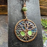 Celtic Tree of Life, Copper Pendant, Colorful Patina, Connemara Marble, Irish Celtic Spirals, Celtic Witch Goddess, Boho, Earthy Art Jewelry