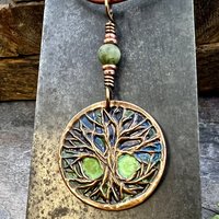 Celtic Tree of Life, Copper Pendant, Colorful Patina, Connemara Marble, Irish Celtic Spirals, Celtic Witch Goddess, Boho, Earthy Art Jewelry