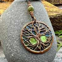 Celtic Tree of Life, Copper Pendant, Colorful Patina, Connemara Marble, Irish Celtic Spirals, Celtic Witch Goddess, Boho, Earthy Art Jewelry