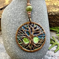 Celtic Tree of Life, Copper Pendant, Colorful Patina, Connemara Marble, Irish Celtic Spirals, Celtic Witch Goddess, Boho, Earthy Art Jewelry