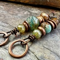 Stacked Cairn Earrings, Copper Hoops, Czech Glass Beads, Hypoallergenic Ear Wires, Earthy Primitive, Arty Mismatched Earrings, Copper & Aqua
