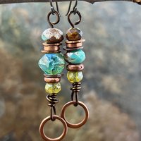 Stacked Cairn Earrings, Copper Hoops, Czech Glass Beads, Hypoallergenic Ear Wires, Earthy Primitive, Arty Mismatched Earrings, Copper & Aqua