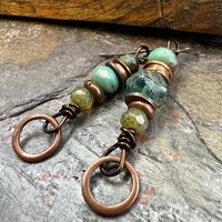 Stacked Cairn Earrings, Copper Hoops, Czech Glass Beads, Hypoallergenic Ear Wires, Earthy Primitive, Arty Mismatched Earrings, Copper & Aqua