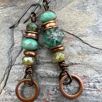 Stacked Cairn Earrings, Copper Hoops, Czech Glass Beads, Hypoallergenic Ear Wires, Earthy Primitive, Arty Mismatched Earrings, Copper & Aqua