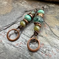 Stacked Cairn Earrings, Copper Hoops, Czech Glass Beads, Hypoallergenic Ear Wires, Earthy Primitive, Arty Mismatched Earrings, Copper & Aqua