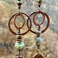 Copper Hoop & Donut Earrings, Stacked Cairns, Fossil Texture, Czech Glass Beads, Hypoallergenic Ear Wires, Earthy, Arty Mismatched Earrings