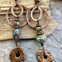 Copper Hoop & Donut Earrings, Stacked Cairns, Fossil Texture, Czech Glass Beads, Hypoallergenic Ear Wires, Earthy, Arty Mismatched Earrings