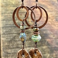 Copper Hoop & Donut Earrings, Stacked Cairns, Fossil Texture, Czech Glass Beads, Hypoallergenic Ear Wires, Earthy, Arty Mismatched Earrings