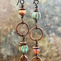 Long Copper Hoop Earrings, Stacked Cairns, Czech Glass Beads, Hypoallergenic Ear Wires, Earthy Rustic Primitive, Arty Mismatched Earrings