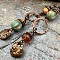 Long Copper Hoop Earrings, Stacked Cairns, Czech Glass Beads, Hypoallergenic Ear Wires, Earthy Rustic Primitive, Arty Mismatched Earrings
