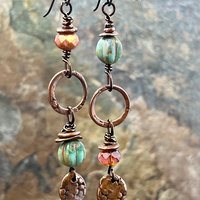 Long Copper Hoop Earrings, Stacked Cairns, Czech Glass Beads, Hypoallergenic Ear Wires, Earthy Rustic Primitive, Arty Mismatched Earrings