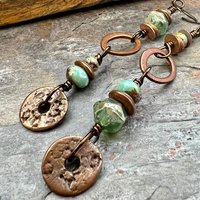 Stacked Cairn Earrings, Copper Hoops, Czech Glass Beads, Hypoallergenic Ear Wires, Earthy Primitive, Arty Mismatched Earrings, Copper & Aqua