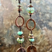Stacked Cairn Earrings, Copper Hoops, Czech Glass Beads, Hypoallergenic Ear Wires, Earthy Primitive, Arty Mismatched Earrings, Copper & Aqua