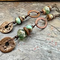 Stacked Cairn Earrings, Copper Hoops, Czech Glass Beads, Hypoallergenic Ear Wires, Earthy Primitive, Arty Mismatched Earrings, Copper & Aqua